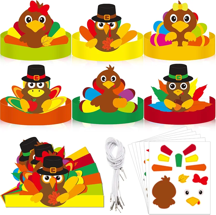 24 Sets Fall Turkey Headbands Fall Craft Kits DIY, Turkey Paper Hats Autumn Crown with Fall Leaf Turkey Pumpkin Pine Cone Feather Eyes Stickers Art Sets for Thanksgiving Kids Party Class Home Activity
