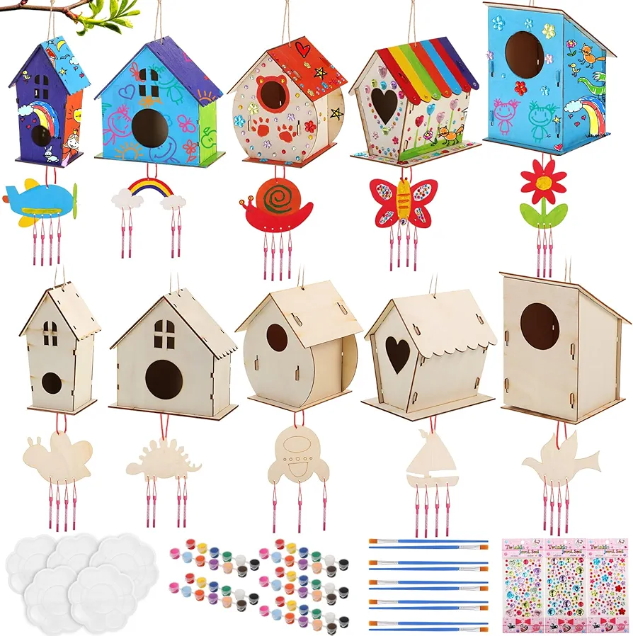 Barydat Wooden Bird House Kits for Kids Include 10 Bird Houses 10 Wind Chimes 3 Diamond Stickers 5 Palettes 10 Brushes 5 Sets of 12 Color Paints DIY Bird House Wind Chime Kit for Kids Gift