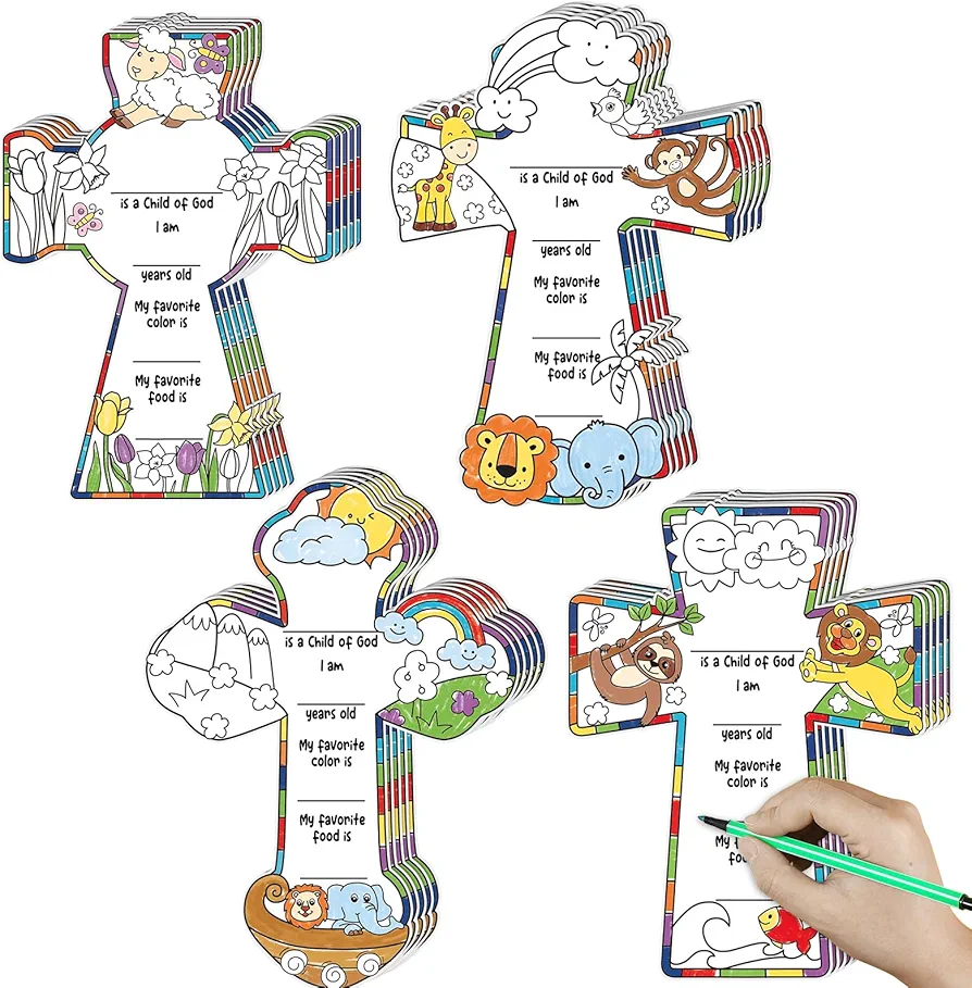 Rotatingpals 24 Pcs Color Your Own Child of God Crosses Crafts for Kids Back to School Crafts VBS Sunday School Crafts DIY Christian Coloring Crafts Vacation Bible School Supplies Decor, 11.8 x 8.6 in
