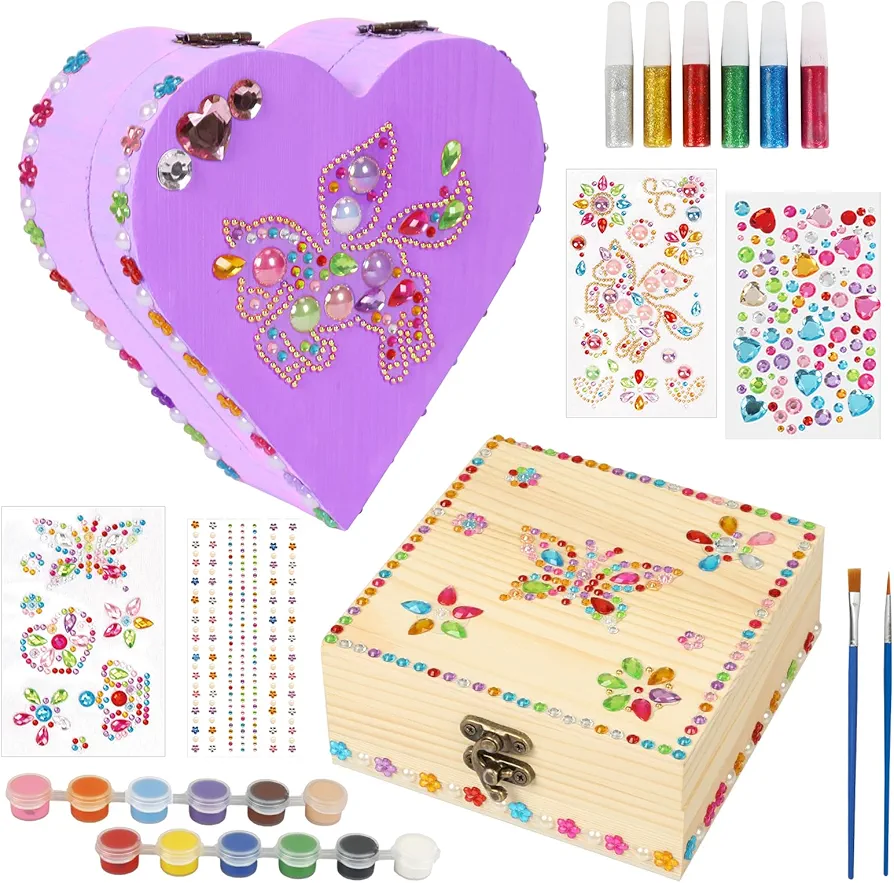 Fennoral 2 Pack Wooden Box Craft Kit for Kids Paint You Own Wooden Jewelry Box DIY Coloring Wooden Treasure Box Arts and Crafts Kit for Girls Art Activity Birthday Gifts