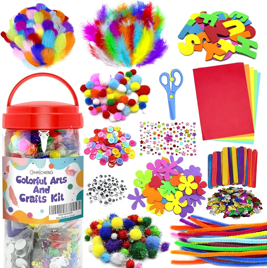 Arts and Crafts Supplies for Kids Including Pipe Cleaners, Feathers, Googly Eyes, Pom Poms, Buttons, Ice Cream Sticks, Sequins and So On, School Kindergarten Homeschool Supplies Crafts for Kids