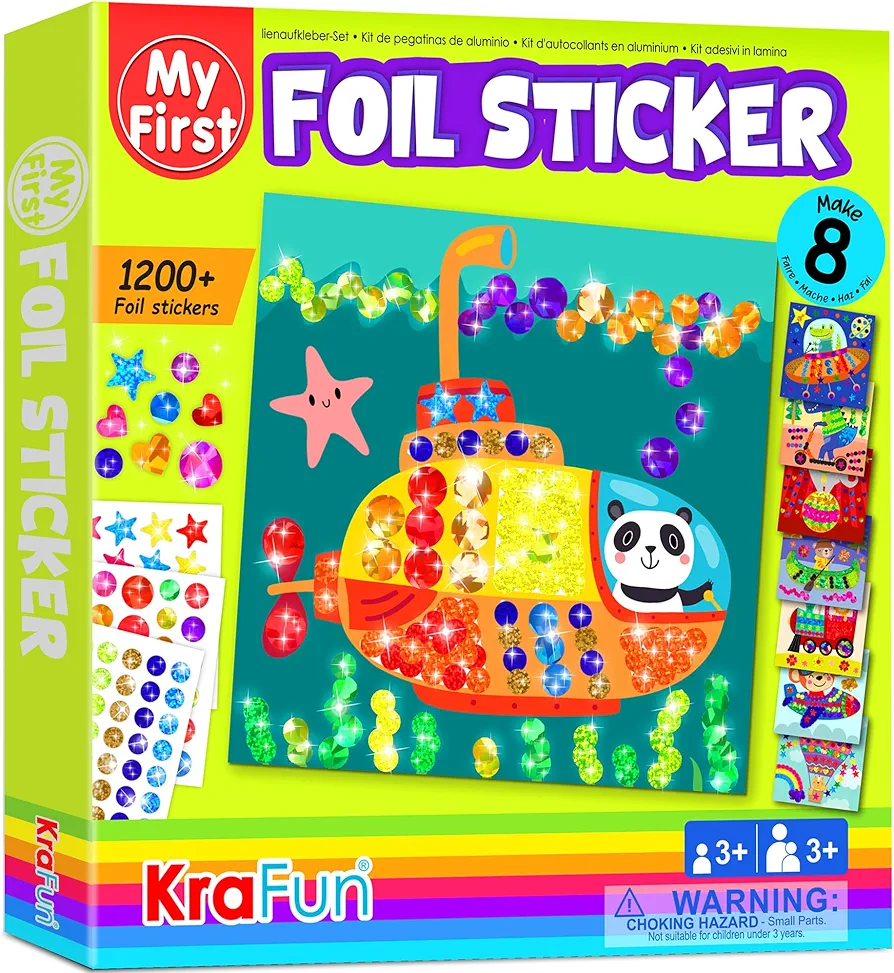 KRAFUN My First Foil Sticker Kit, 8 No Mess Art for Kids, 1200 Pieces Animal Craft Kits & Supplies, DIY Gem Sticker Creative Activity, Easter Gifts for Toddlers Girls & Boys Ages 3-6, Travel Toys