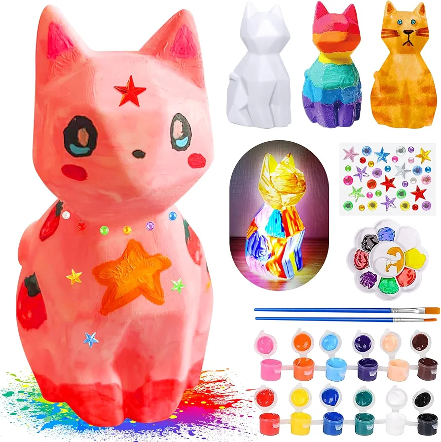 Paint Your Own Cat Lamp Kit, Art Supplies & Crafts Kit, DIY Night Light for Kids 6-12, Diamond Set for girl 8-12, Painting Kit for Girls Boys, Toy Child Birthday Gift Ages 3 4 5 6 7 8 9 10 11 12+