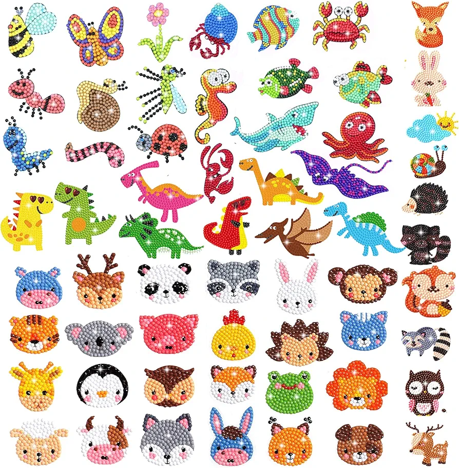 MEIEST 59 PCS 5D Diamond Art Painting Stickers Kits for Kids and Adult Beginners,Fun DIY Animal & Sea World Mosaic Stickers by Numbers Kits,Creative Arts and Crafts Set and Handmade Gift