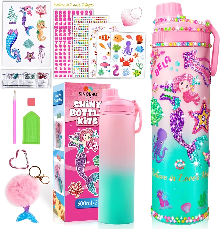 sinceroduct Decorate Your Own Water Bottle Kits for Girls, Mermaid Diamond Art Kid Crafts for 5-13 Year Old Toddlers, DIY Crafts Gifts Toys for Kids Birthday Christmas