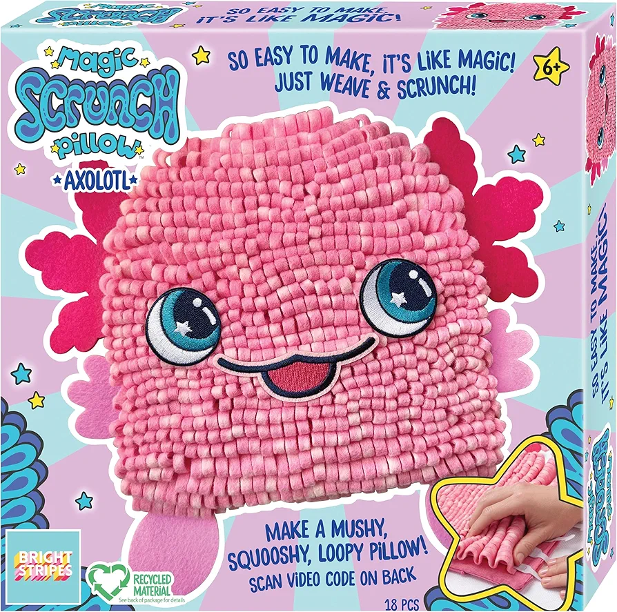 Bright Stripes Magic Scrunch Pillow Making Kit - No Sew Pillow Craft Kit for Kids - Make Your Own Pillow Kit - DIY Pillow Kit for Kids (Axolotl)