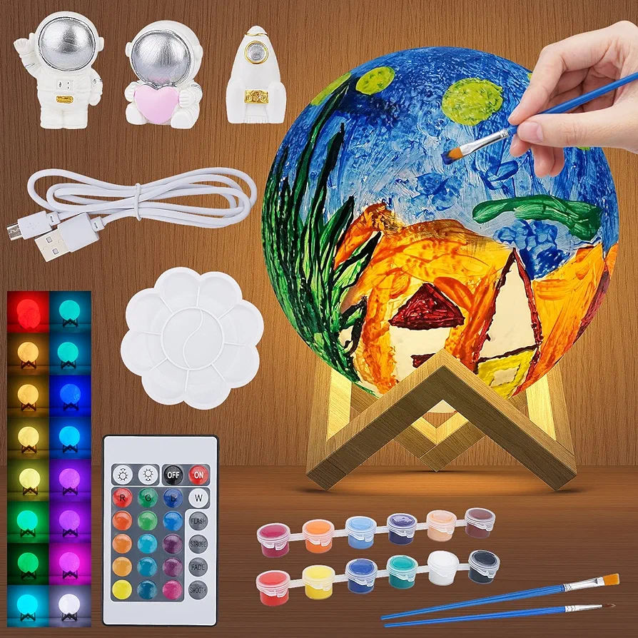 Unique Paint Your Own Moon Lamp Kit,16 Colors 5.9 Inch Moon Lamp Remote Control Arts Crafts for Boys Girls Art Supplies Birthday Gift for Kids Women Decompression Toy (Moon lamp)