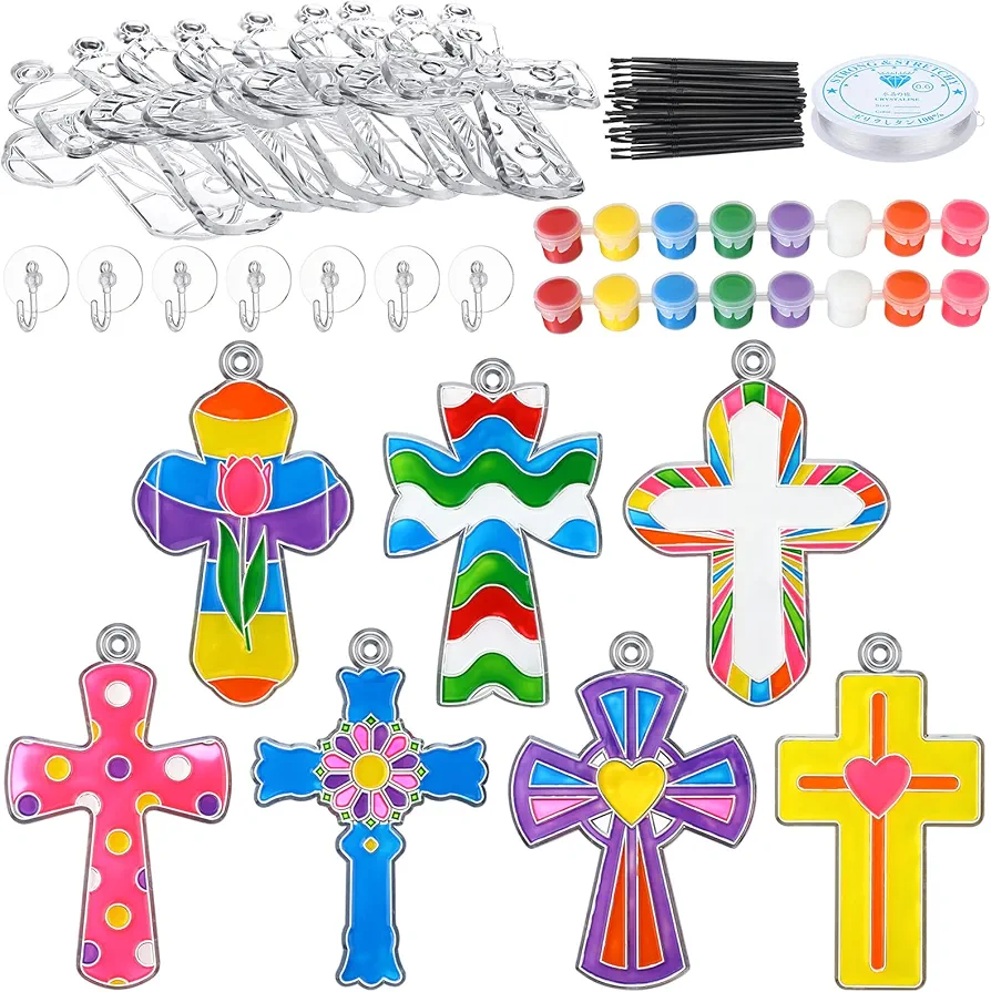 Poen 28 Sets Religious Cross Suncatchers Kits for Kids Window Paint Art Suncatchers Crafts Ornaments Decor Sunday School VBS Cross Craft Kits for Easter Holiday Activities Home Party Favors