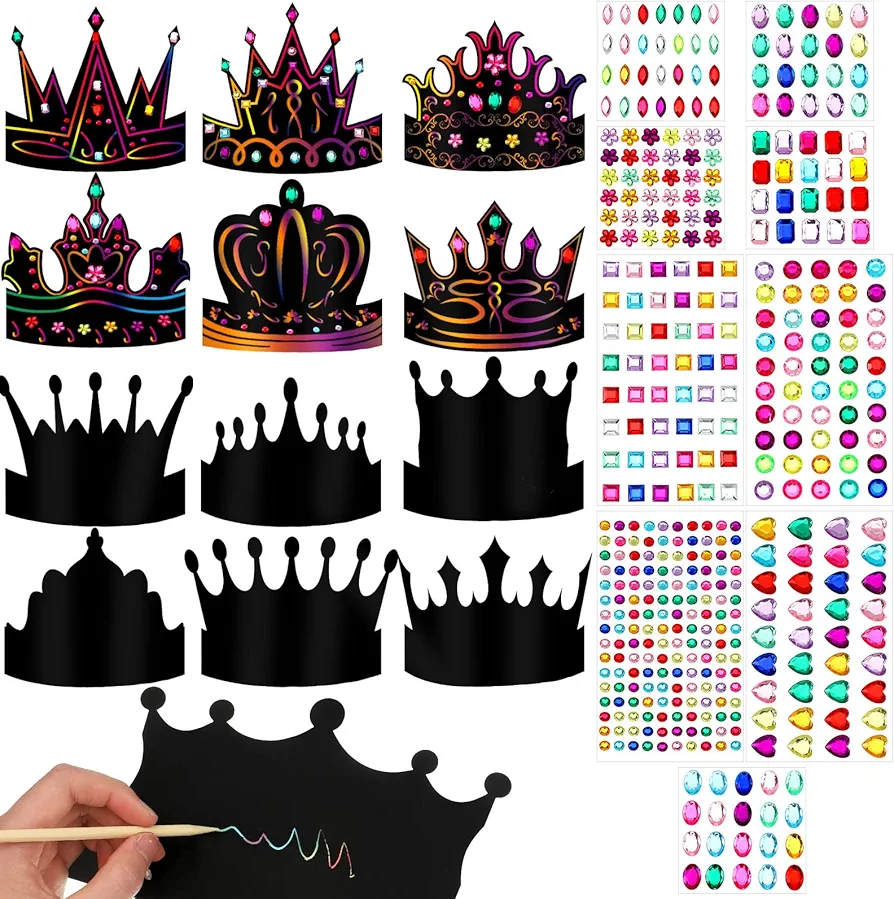 Yinder 130 Pcs Kids Party Favors DIY Crafts Crowns Set 48 Pcs Scratch Paper Crowns Headband Hats 24 Pcs Wooden Styluses 48 Pcs Elastic Bands 10 Sheet Colorful Gem Jewel Stickers for Girl Boy