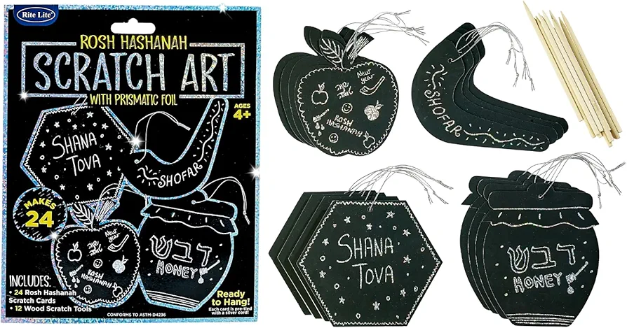 Rosh Hashanah Scratch Art Set of 24 - Perfect Jewish New Year Gift for Kids Shana Tova Arts & Crafts DIY Kit Goodie Bag Rewards Holiday Presents Table Decorations Educational & Hours of Fun!