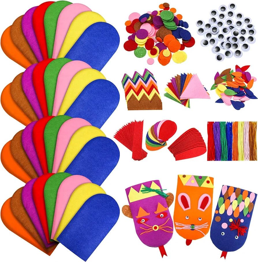 Liliful 32 Pcs Hand Puppet Making Kit Felt Arts and Crafts Sock Puppet Toys Creative DIY Make Your Personal Puppets Kits Eyes Felt Accessories Storytelling Role Play Party Supplies