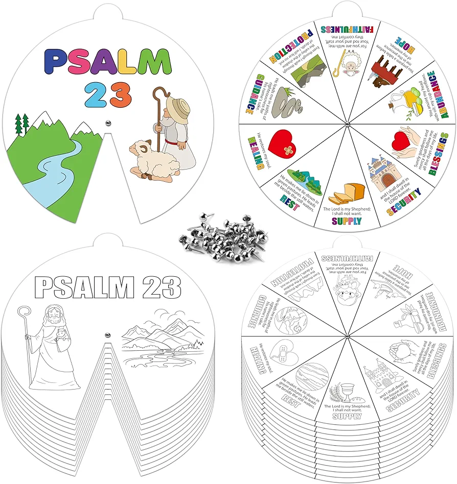 Psalm 23 Coloring Wheel - 24 Sets Color Your Own Religious Art Craft Spining Cards for Kids, Bible Verse Wheel Kit DIY Craft Art Cards for Christian Sunday School Class Home Baptism Activities