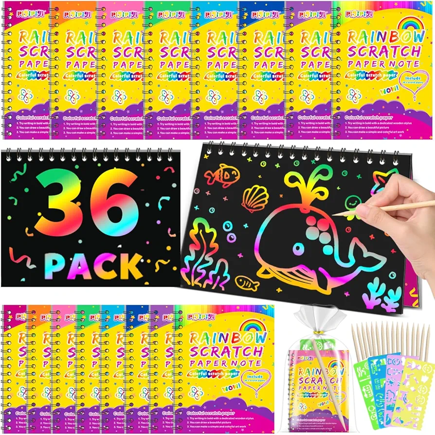 pigipigi Party Favor Art Craft for Kids: 36 Pack Rainbow Scratch Notebook Girl Birthday Gift for 3 4 5 6 7 8 9 10 Years Old Toddler Boy Drawing Paper Bulk Art Supplies Coloring Kit Travel Activity Toy
