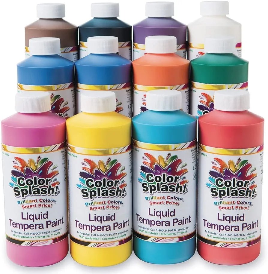 S&S Worldwide Color Splash! Liquid Tempera Bulk Paint, Set of 12 in 11 Bright Colors, 16-oz Easy-Pour Squeeze Bottles, For Arts & Crafts, School, Classroom, Poster Paint, For Kids & Adults, Non-Toxic.