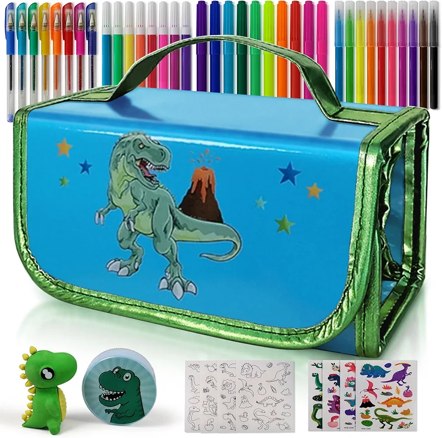 NUMI'SMILE Dinosaur Pencil Case with Fruit Scented Markers Art Set, Dinosaur Gifts for Boys Ages 3 4 5 6 7 8 9 Years and Up, Dinosaur Toys, Dino Coloring Art Supplies, Birthday Boy Present & Kids