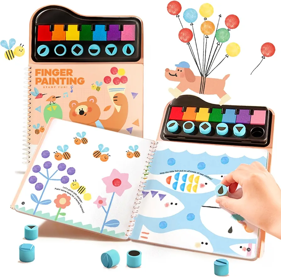 Mess Free Fingerprint Coloring Book for Kids, 7 Colors Non-Toxic Finger Painting Set with Stamps, Art Craft Supplies, Travel Activities, Gifts, 3+