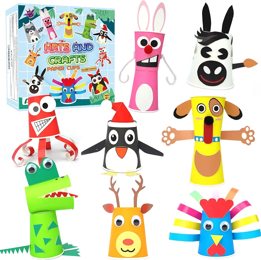 AluAbi Crafts for Kids Ages 4-8, 16 Pack Make Your Own DIY Animal Paper Cups, Fun Art Supplies for Boy Girl Age 4 5 6 7 8, Art Projects Crafts Kit Easter Gifts for Kids