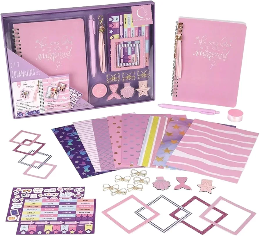 LUNARA SKY DIY Journal Kit for Tween & Teen Girls, Mermaid Stationery Set, Scrapbook & Diary Supplies Set, Journaling Art Crafts Kit, Ideal Gifts for 8 9 10 11 12 13 14 Year Old Girl, Pink and Purple