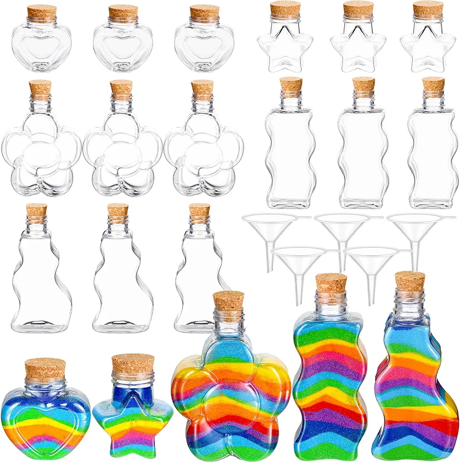 Havawish 20 Pcs Sand Art Bottles Plastic with 5 Funnels Sand Art Containers Sand Bottles for Sand Art Kit Collection for Craft DIY Activity Party Group, Sand Not Included (Cork Stoppers)