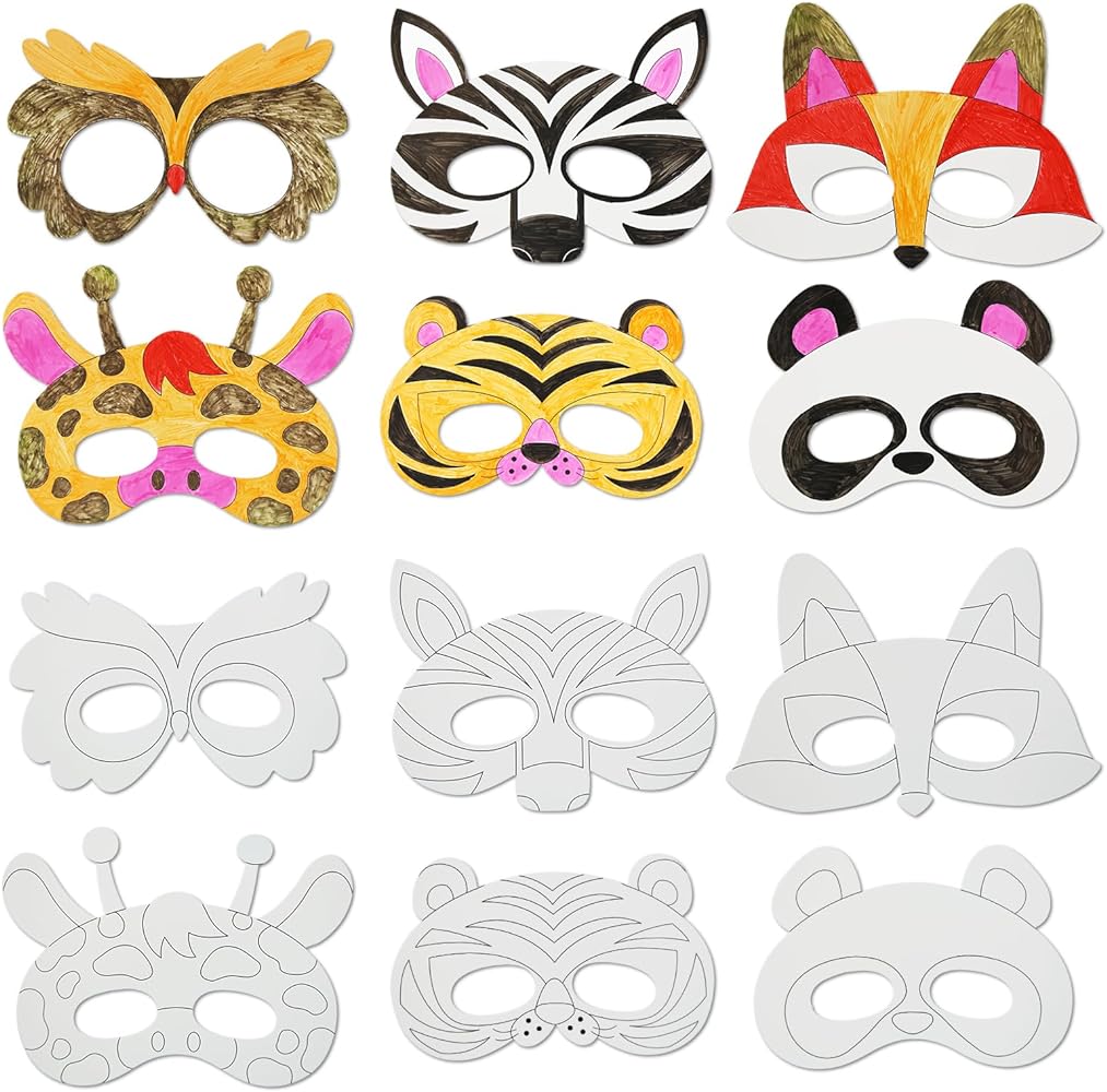 24 PCS Color Your Own Paper Masks, DIY Masks Craft Art Kits for Kids, Birthday Party Favors, School Coloring Activities