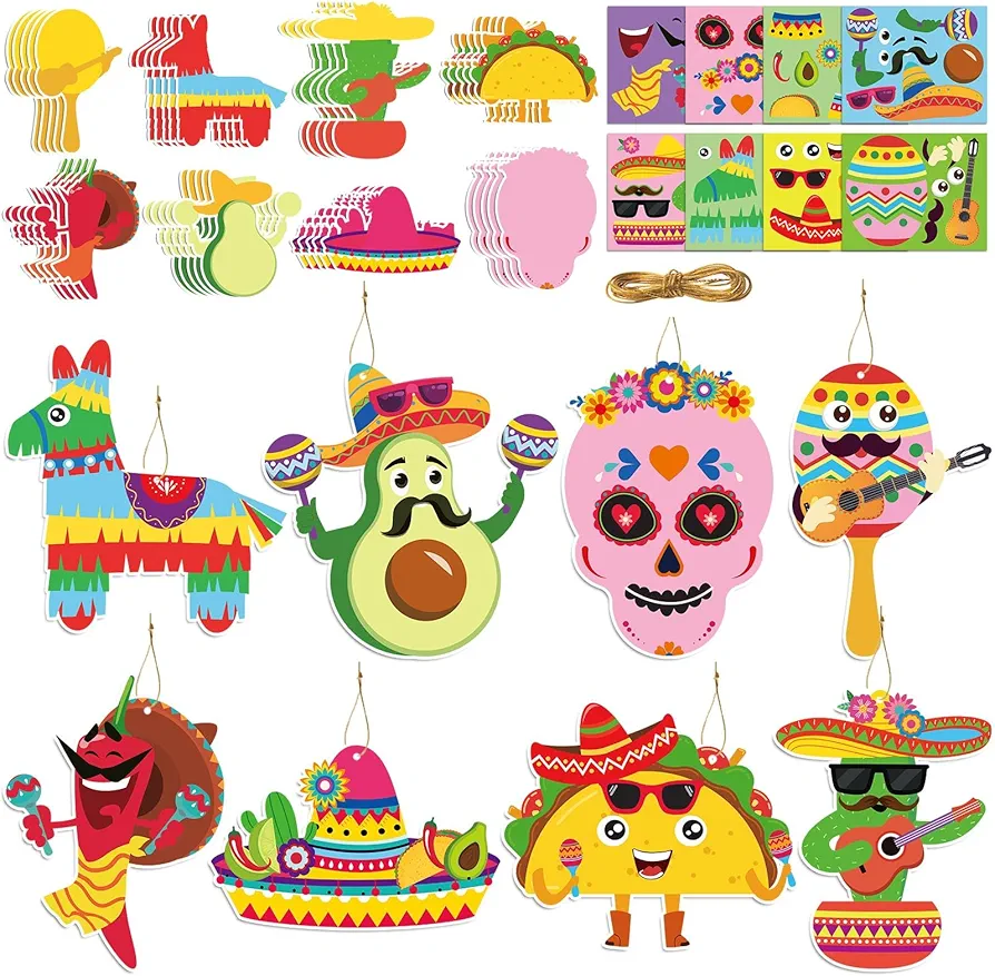 40 Sets Mexican Fiesta Craft Kits for Kids Cinco De Mayo Taco, Mix and Match Cactus Sticker Hanging Mexican Fiesta DIY Paper Card Gifts Ornament for Birthday Party Favor Gift Art Craft Rewards