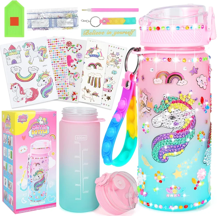 Decorate Your Own Water Bottle Kits for Girls Age 4-12, Unicorn Gem Girls Diamond Painting Crafts, Arts and Crafts Kits Toys Unicorn Gifts for 3-10 Year Old Girls Kids Birthday (Unicorn 600ml)