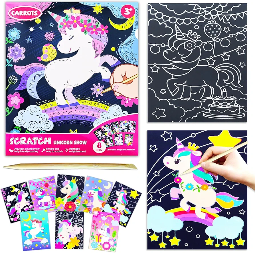 BAOXUE Scratch Art for Kids, Unicorns Black Rainbow Scratch Art Paper Set-Arts and Crafts & Supplies, DIY Activity & Party Games, Unicorn Art Gifts for Toddlers, Girls & Boys