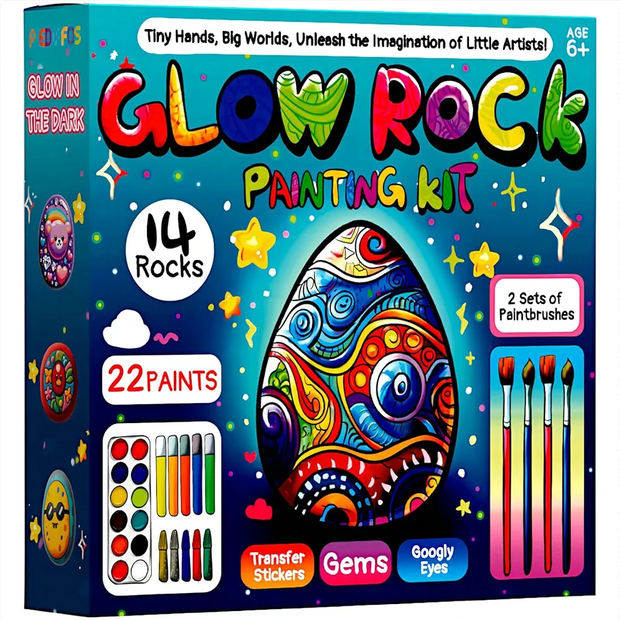 Rock Painting Kit Glow in The Dark Creativity Arts & Crafts DIY Creative Art Toys Kids for Ages 6-12 Decorate Your Own Painting Craft Family Outdoor Indoor Activity Toddler Birthday Gifts