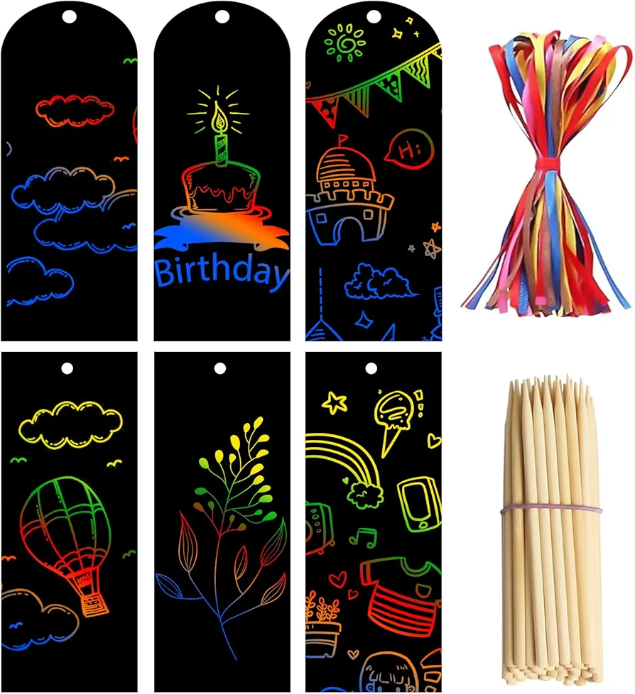 Anjmd Scratch Bookmarks Art for Kids 50 Set 2 Style Rainbow Scratch Paper DIY Bookmark Bulk with Scratching Tools Satin Ribbons for Classroom Activities