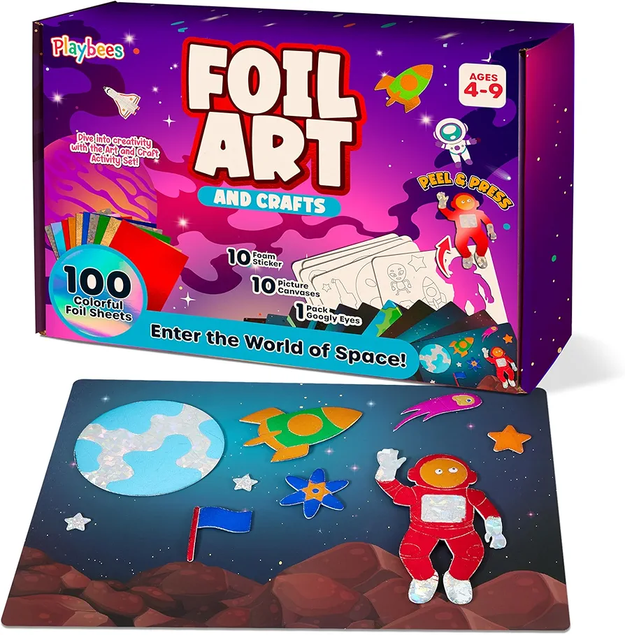 Playbees Foil Art Kit Outer Space - Preschool Arts and Crafts Kit for Kids- No Mess Art for Boys & Girls Ages 4, 5, 6, 7, 8, 9 Years Old - DIY Creative Activity - Art & Craft Activity