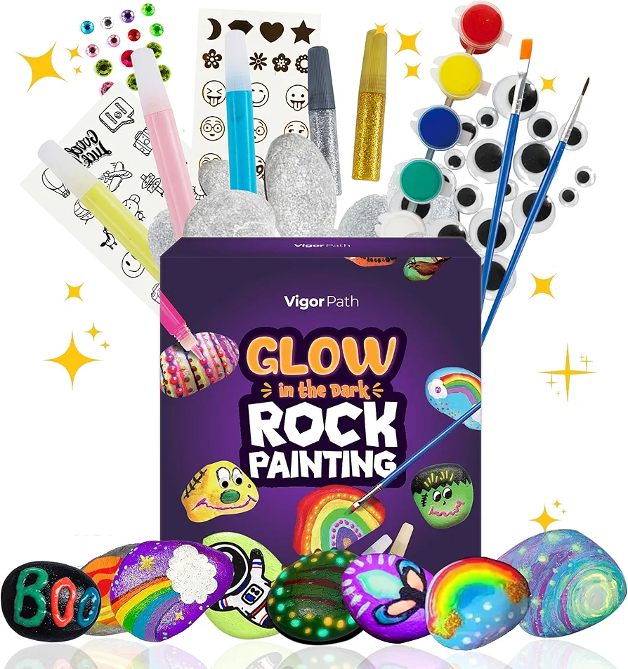 VIGOR PATH Kids Rock Painting Kit: 28-Piece Art and Craft Bundle - Includes 10 Paints (Glow in The Dark and Standard), Crafting Supplies, Ideal for Boys and Girls, Perfect for Kids Ages 4 and Above
