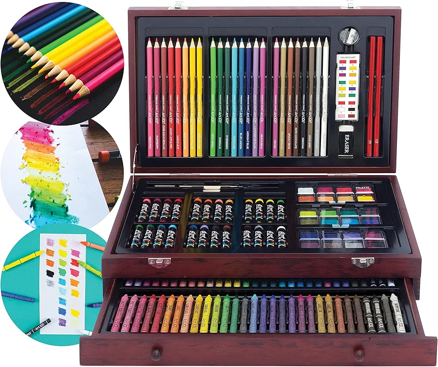 142 Pc Art Set with Colored Pencils, Crayons, Pastels, Watercolors in Wood Carrying Case