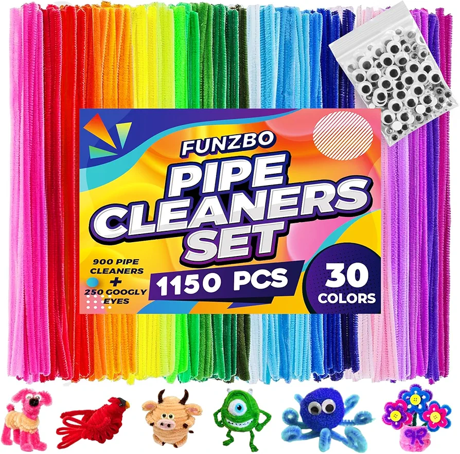 FUNZBO 900pcs 30 Colors Pipe Cleaners & 250 Googly Eyes - Colorful Chenille Stem Crafts, Kids Art & DIY Creative Craft Projects Handmade Decorations Gifts for Kids Age 4+