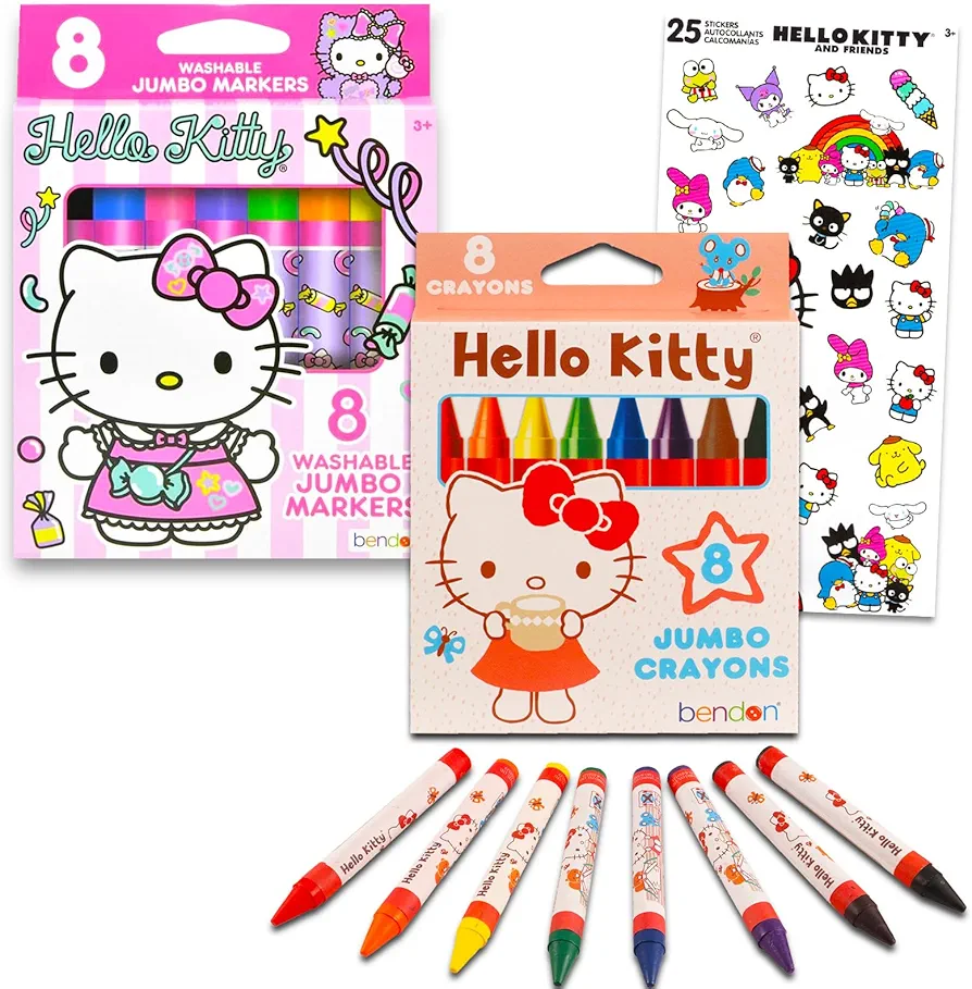 Hello Kitty Coloring Set for Girls - Bundle with 8 Hello Kitty Markers and 8 Hello Kitty Jumbo Crayons for Coloring, Crafts, Drawing, and More | Hello Kitty School Supplies for Kids
