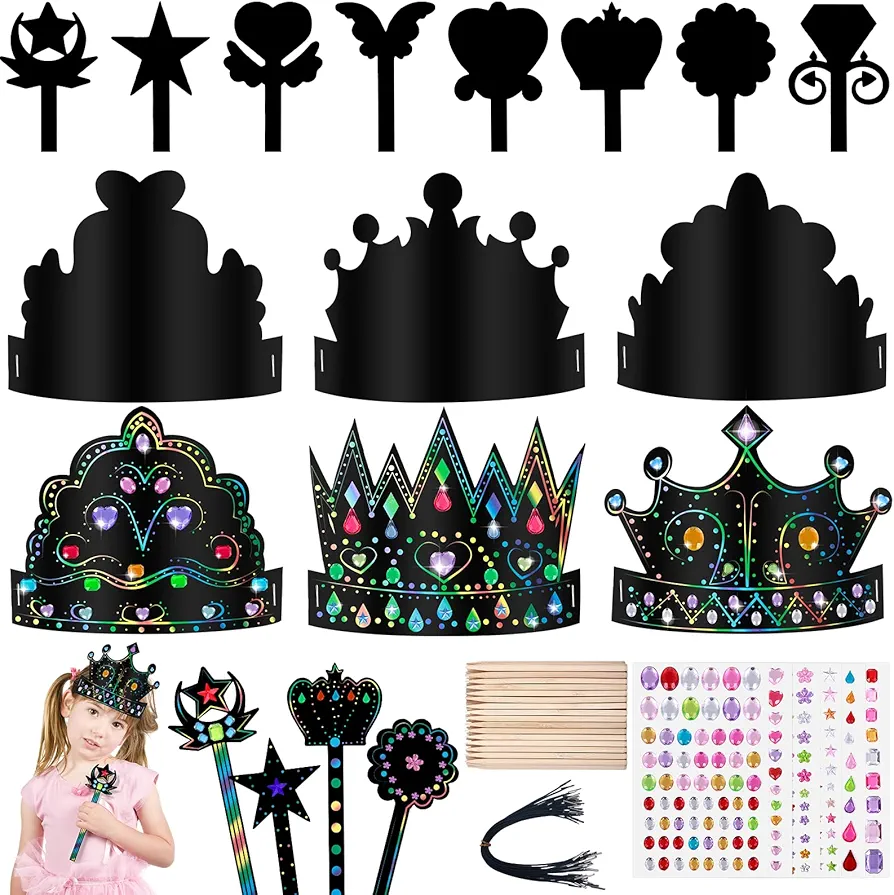 Mototo Paper Crowns for Kids, 120 PCS Rainbow Scratch Art Paper Party Favor Set DIY Craft Scratch Crown and Fairy Scratch Wand Scratch Paper Set with 6 PCS Gem Stickers and 52 PCS Wooden Sticks Black