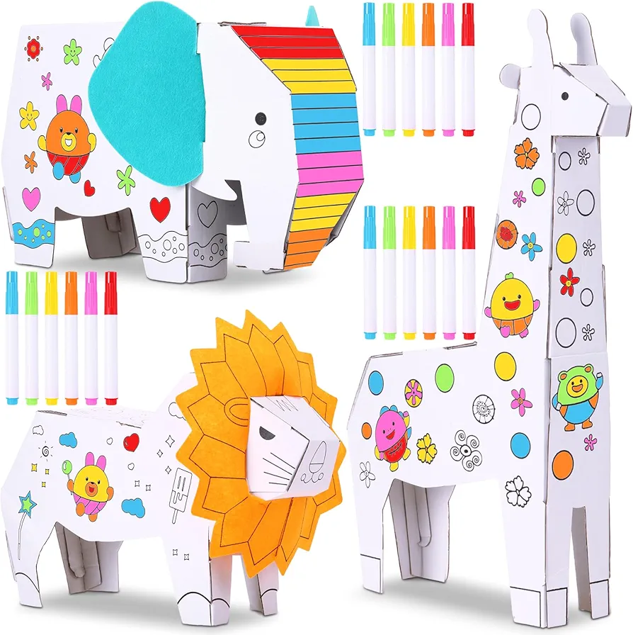 Kosiz 3 Sets Kids Animals Arts and Crafts 3 Style 3D Animal Paper Craft for Kids to Color with 18 Colored Pens Elephant Giraffe Lion Cardboard Animals Model for DIY Doodle Color Draw Decorate Splicing