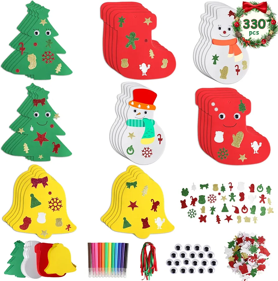 Yumuk Christmas Crafts for Kids, 330pcs Christmas Ornaments Set - Tree Boot Snowman Bell DIY Foam Stickers Set for Christmas Tree Decorations and Kids Boys Girls Party Favor Supplies