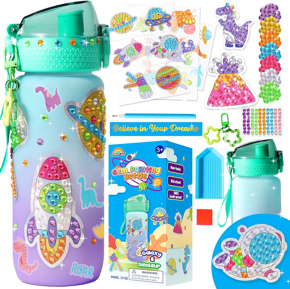 AGENTLAN Decorate Your Own Water Bottle Kit for Boys,Dinosaure and Space Diamond Painting Kits,20oz Leak-Proof Bottle for School,Arts and Crafts,Diamond Art Kits for Age 6 7 8 9
