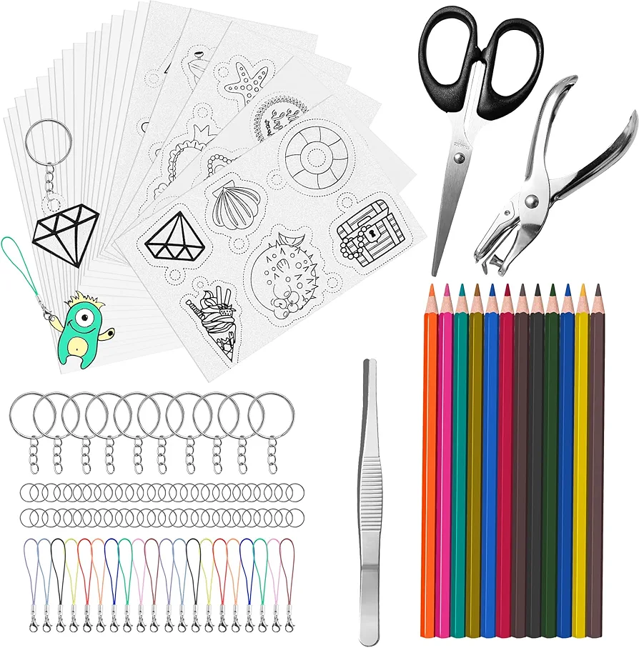 Hewolly 165 PCS Shrink Plastic Kit - 15 Shrink Plastic Films, 5 Patterned Sheets, 12 Colored Pencils, 130 Keychain Accessories, Hole Punch, Scissors, and Tweezers for Creative Art and Craft