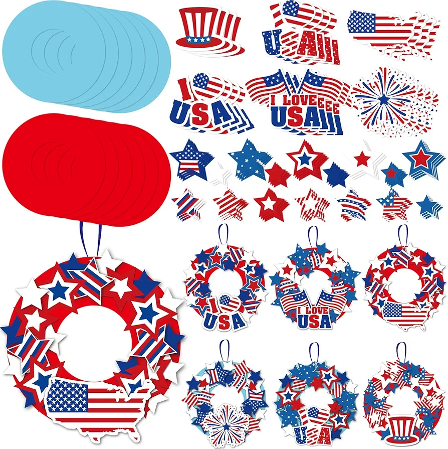 Lunmon 24 Sets 4th of July Wreath Crafts for Kids Bulk Patriotic Wreath Crafts Kit with American Flag Star Patriotic Hat Fireworks USA DIY Wreath Crafts Ornament for Independence Day School Art
