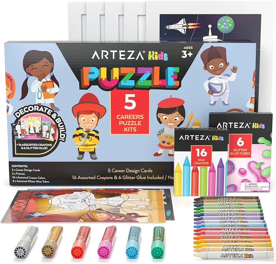 Arteza Kids Coloring Puzzle Kit, 5 Careers Jigsaw Puzzles, 16 Crayons, 6 Tubes of Glitter Glue, 5 Frames, DIY and Screen-Free Kids’ Activities, Craft and Art Supplies for Ages 3 and Up