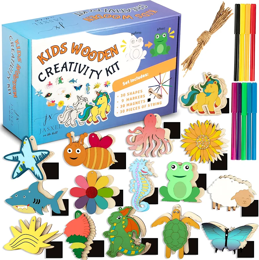 Large and Durable Wooden Crafts for Kids - Wooden Magnets to Paint and Colors with Markers Included - 30 Shapes - Color and Paint Your Own Wooden Magnets - Kids Crafts Ages 4 +