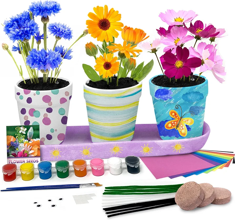 Flower Pot Kit - All Inclusive kit 3 Planters, 8 Paints, 2 Brushes & Much More - Paint Your Own Pot Set Garden Kit for Kids - Arts and Crafts for Kids Ages 8 and Up (with Seeds & Soil)