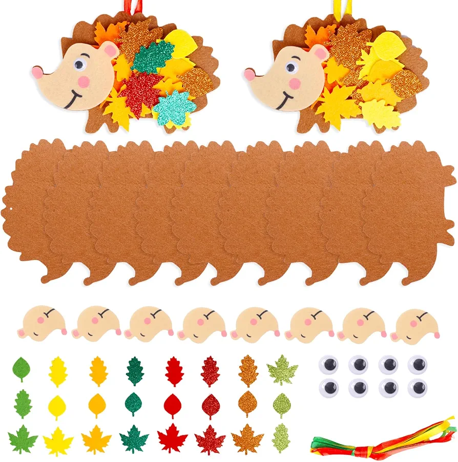 DERAYEE 8 Pack Fall Craft Kits for Kids, DIY Hedgehog Art Craft with Autumn Maple Leaf Stickers Make Your Own Hedgehog Set for Thanksgiving Classroom Activities Party Decorations