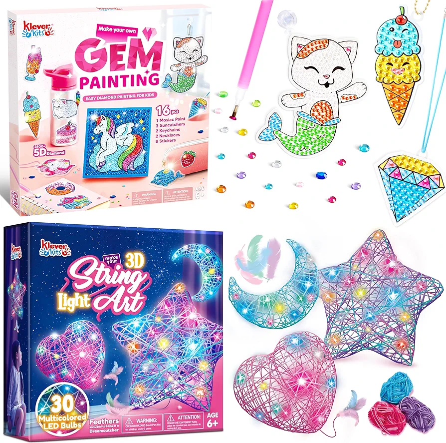 Klever Kits 3D String Art Kit and 16 Projects Gem Art Set for Kids, Mess-Free Arts and Crafts Kits, Make Your Own Light and Painting, Birthday Gifts for Girls and Boys Ages 6-12