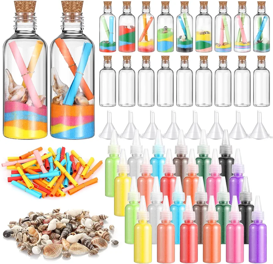 Libima DIY Sand Art and Craft Kit Include 30 Plastic Sand Art Bottles with Cork Stopper 24 Colorful Sands 100 Message Papers 120 Seashells 5 Funnels DIY Art Crafts Wedding Party Favors