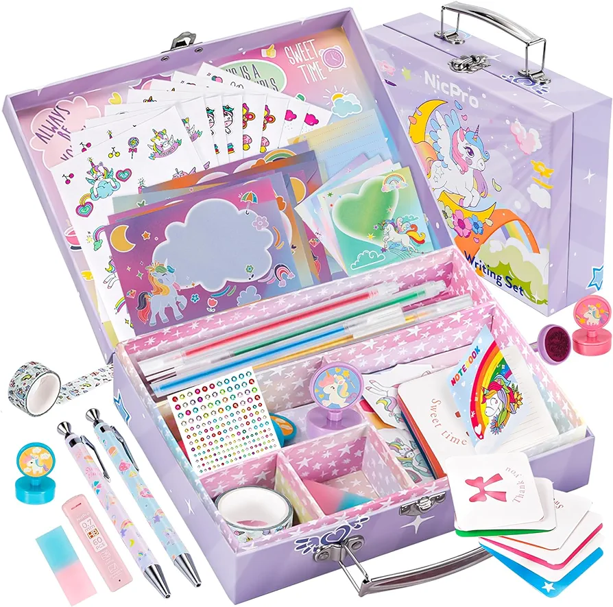 Nicpro 62PCS Unicorn Stationary Set For Girls,Unicorn Kid Toys for Aged 6-10 Years Old, Cute Stationery Supplies Letter Writing Kit Gift for 5,6,7,8,9,10 - Little Girls Ideal Christmas Birthday Gifts