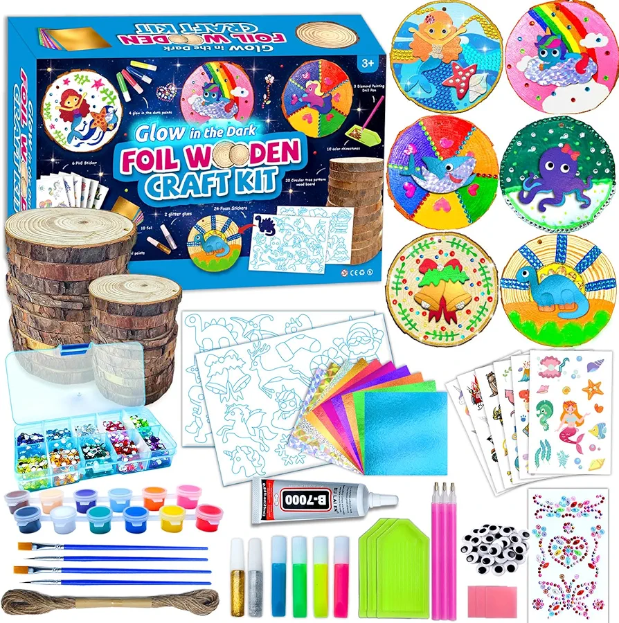 Atydkug Kids Wooden Painting Kit - Glow in the Dark Foil Arts Fun Kit DIY Crafts Gifts for Boys Girls Ages 6-12 Wood Slices Gem Diamond Kit Painting Sets Creative Art Toys Birthday Party Arts & Crafts
