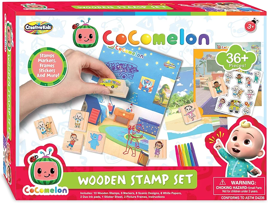 Creative Kids Cocomelon Stamp Set 36+ Piece Wooden Stamps Set Includes Ink Pads, Stickers, Markers, Picture Frames - Montessori Wood Stamp Birthday Gift Set for Girls Boys Toddlers Ages 3+