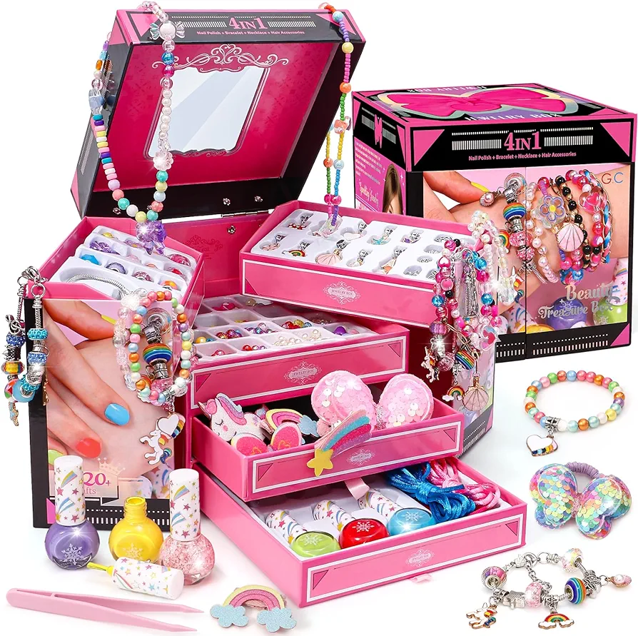 G.C 1500+pcs Bracelet Making Kit for Girls Gifts Toys 5-12 Years Old, Jewelry DIY Craft Art Supplies & Nail Polish Kit & Jewelry Box with Bead Charm, Christmas Birthday Gift Girl Kid Aged 6 7 8 9 10
